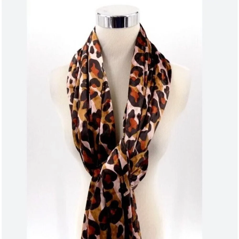 ECHO NEW YORK leopard animal print velvet tubular women's scarf wrap - BROWN